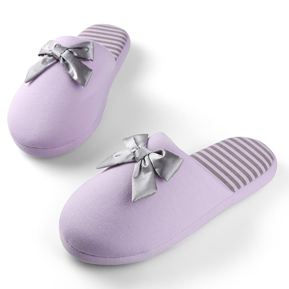 Women’s Waffle-Stripes & Bow Indoor Slippers – Plush Fleece Lined Slip-On House Shoes with Non-Slip Weather-Resistant Outsole