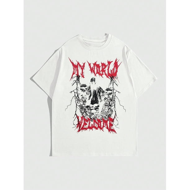 Camiseta de Halloween - Camiseta Y2K con estampado de letras y esqueletos para hombre para Halloween y escuela