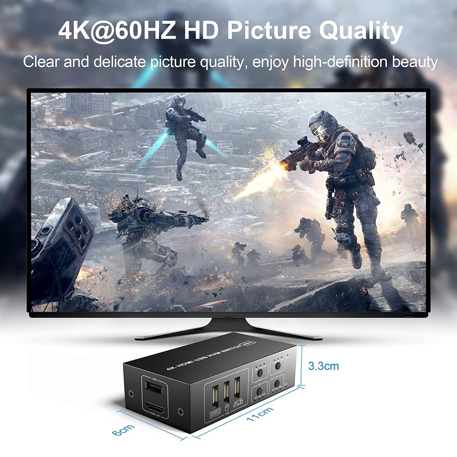 4 Port HDMI KVM Switch 4K@30HZ/1080P@60HZ USB HDMI KVM Switcher 4 in 1 Out USB HDMI for Mouse Keyboard Hub for PC Laptop Win7 Win10 Win11 MAC