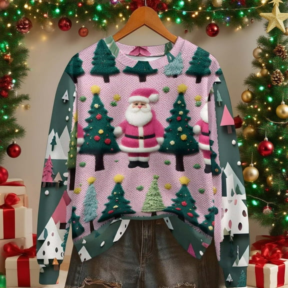 ChaoHeng Christmas Tops for Women T Shirts Women's 3D Santa Claus Christmas Sweatshirt,Raglan Sleeve Pullover Holiday Top