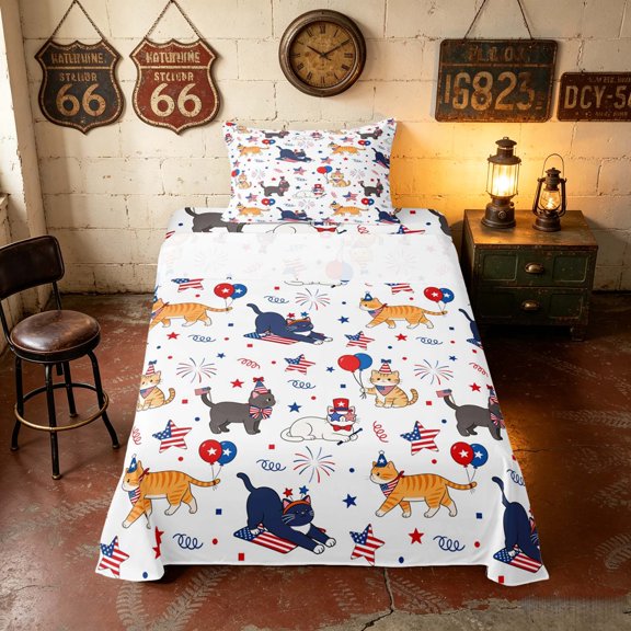 Manfei Cartoon Patriotic Cat Twin Sheets, US Flag Fireworks Stars Bedding, Red Blue White, Navy Reversible 3-Piece (1 Flat Sheet, 1 Fitted Sheet and 1 Pillowcase)