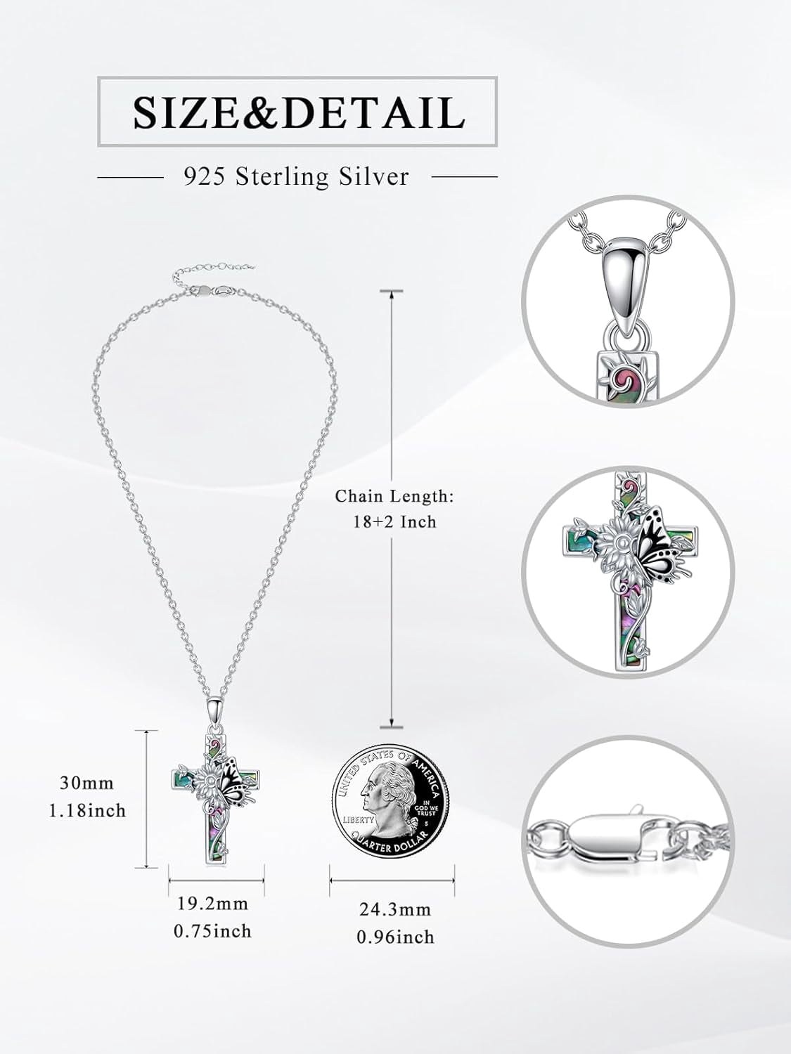 Dorunmo Butterfly Cross Necklace 925 Sterling Silver Butterfly Sunflower Abalone Shell Cross Pendant Jewelry Religious Christian Baptism Gifts for Her Women