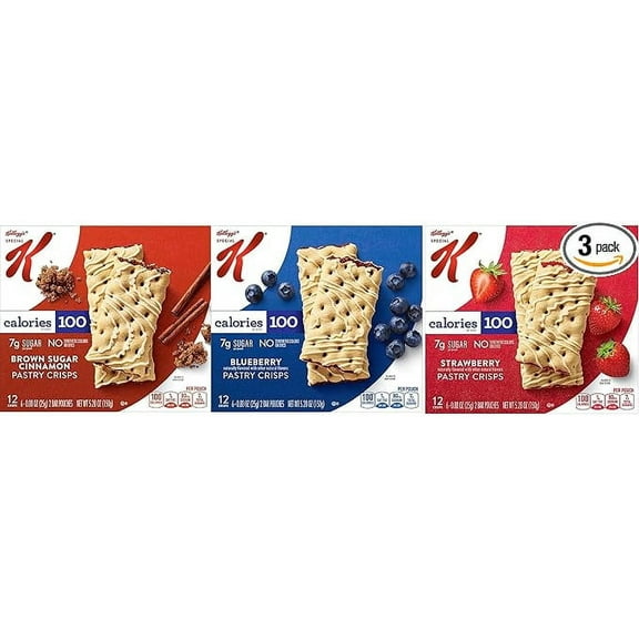 Special K Pastry Crisps SimplyComplete Variety Pack of 3, 100 Low Calorie Snack, Toaster Breakfast Bars, Blueberry, Strawberry, Brown Sugar, 1 of each Box