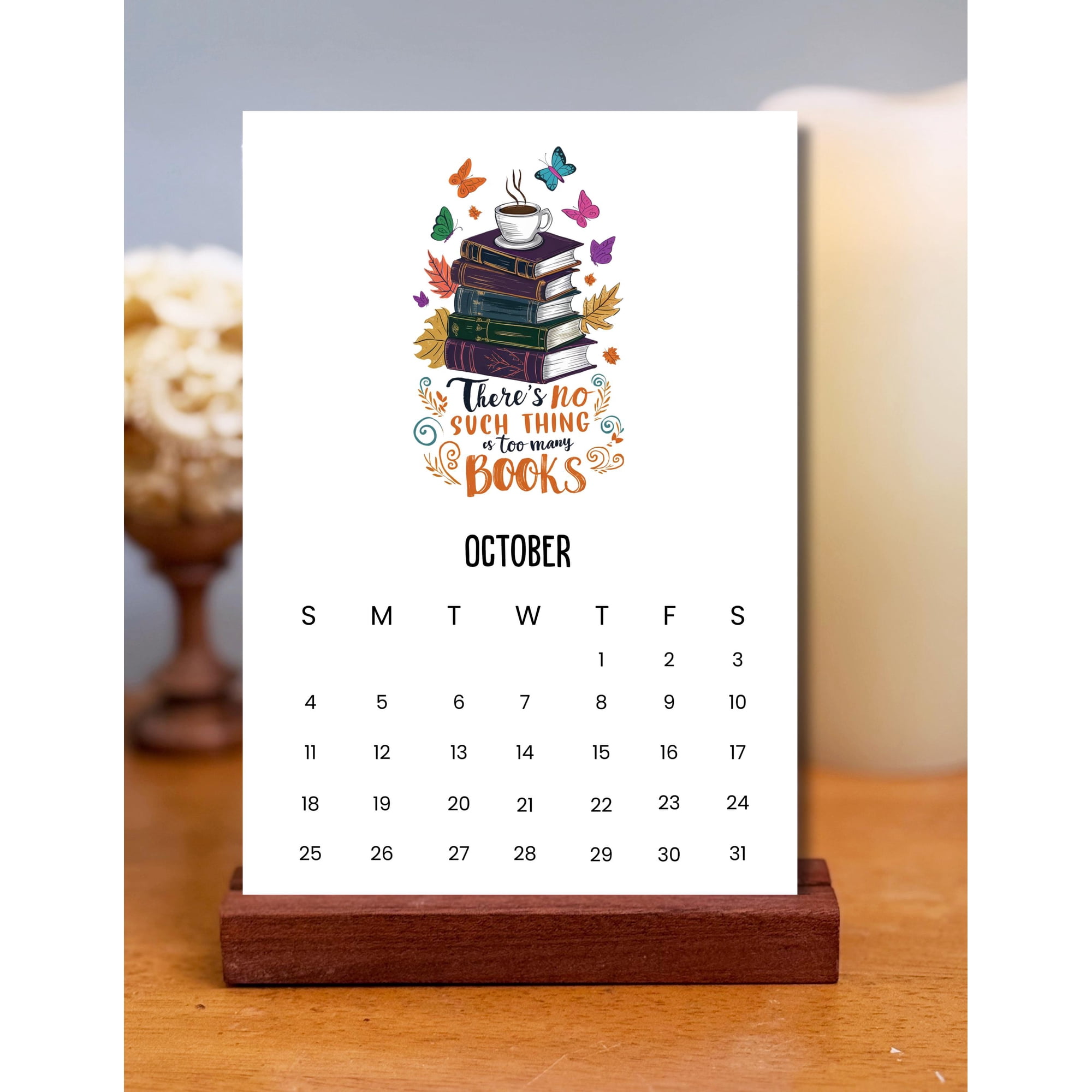 October Desk Calendar, Book Lover Gift, Decorative Monthly Calendar with Butterflies, Books, and Coffee Illustration, Seasonal Stationery for Book Enthusiasts