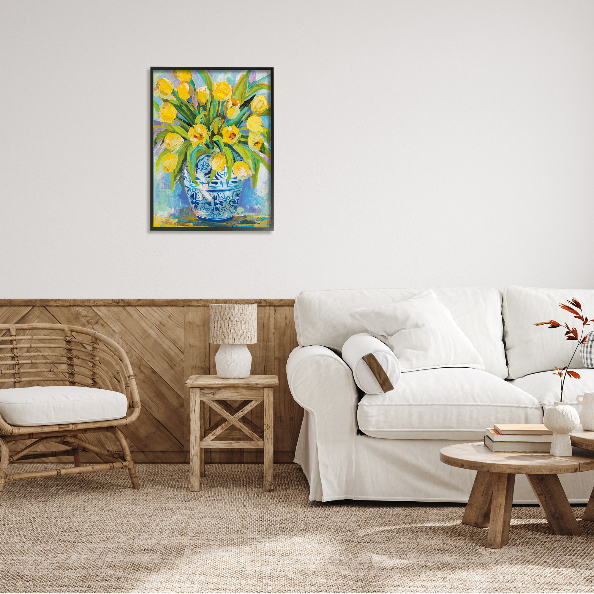Stupell Industries Expressive Yellow Tulips in Ornate Blue Vase Painting, 24 x 30,Design by Jeanette Vertentes
