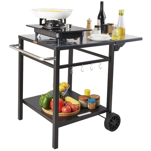 Portable Outdoor Grill Cart with Double Shelves, Foldable BBQ Prep Table on Wheels - Sturdy Iron Top for Pizza Oven & Cooking, Carry Handle Included