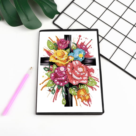 Diamond Painting Kit Notebook, Cross Flower DIY Art Craft Kit, A5 Perfect Creative Gift, Diamond Decoration, Suitable for Painting, Writing and Notebook Use