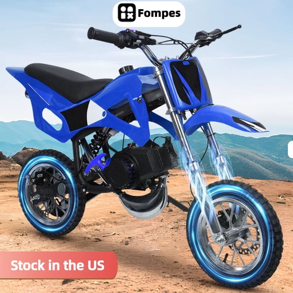 Fompes 49cc Kids Mini Dirt Bike, 2-Stroke Gas-Powered Motorcycle with Off-Road Tires Disc Brakes, Shock Absorption, Easy Pull Start, Up to 25 MPH, Blue