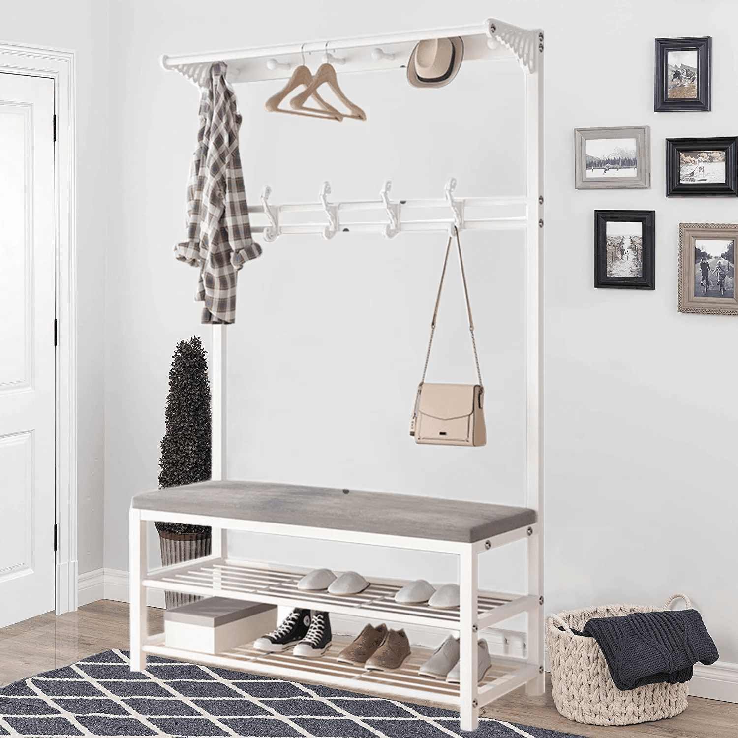 YDTREILS Hall Tree with Coat and Shoe Rack, Entryway Coat Rack with Bench  Hooks and 4-Tier Shoe Rack, White