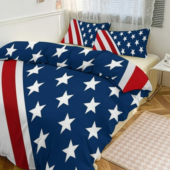 3 Pcs Soft Bedding Set, Includes 1 Duvet Cover with Zipper And 2 Pillow Shams,American Flag Blue Red White Twin(86"x70")