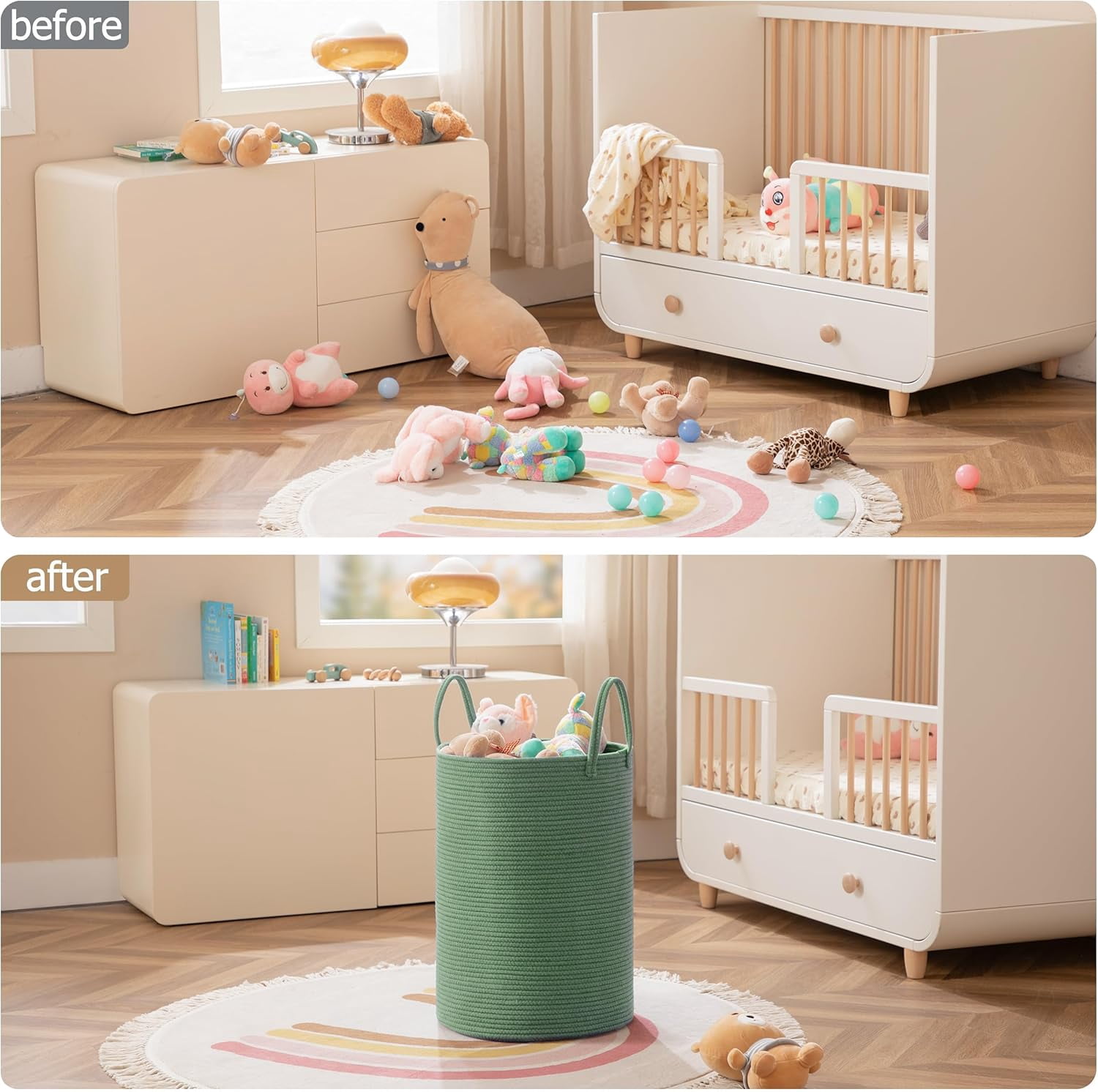 TT-Laundry Basket, 52L Woven Laundry Hamper, Baby Nursery Hamper for Toys, Blanket Basket for Living Room, Clothes Hamper for Bedroom&Baby Room, Green