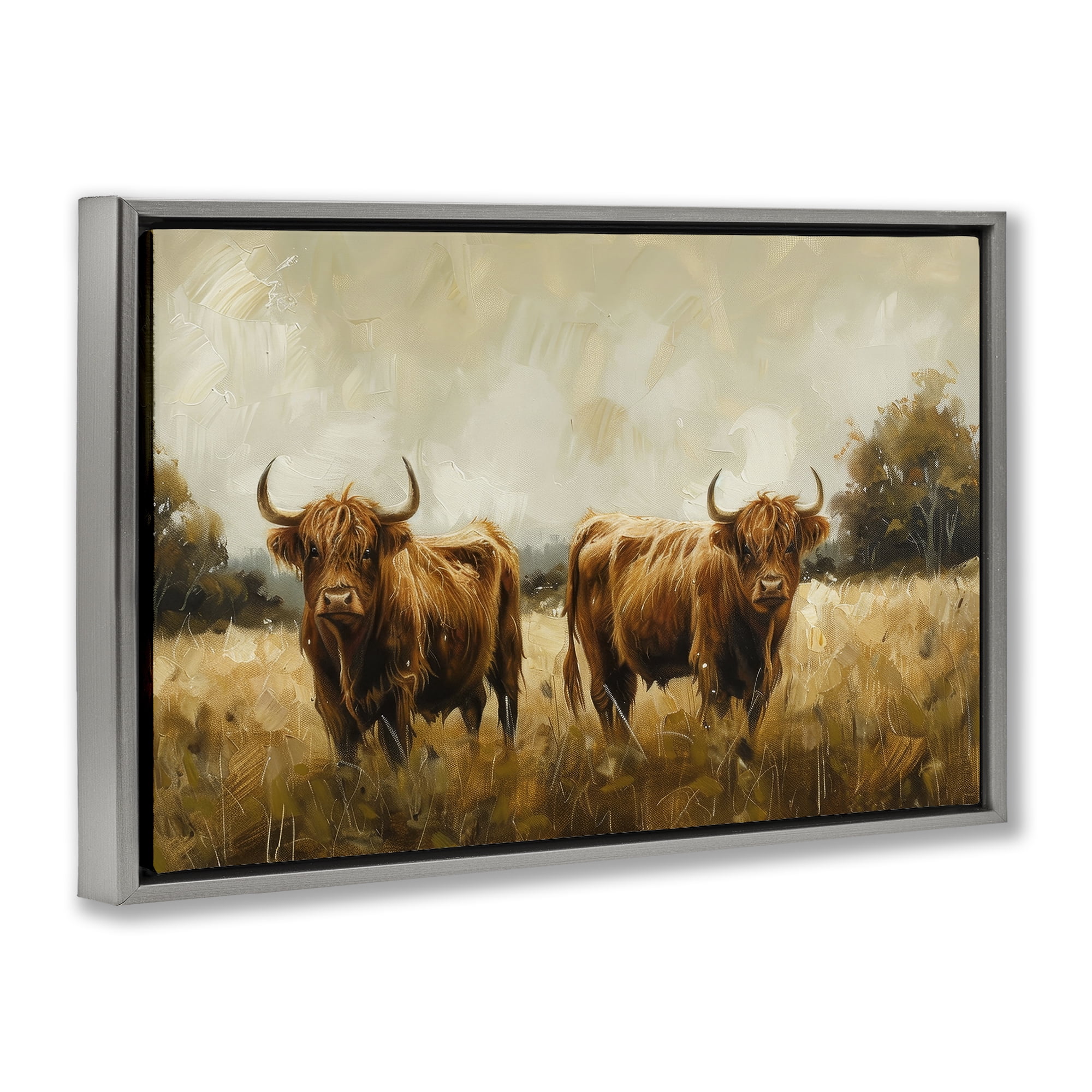 Stupell Industries Couple of Cows Animals & Insects Painting Gray Floater Framed Canvas Art Print Wall Art, 31 x 21