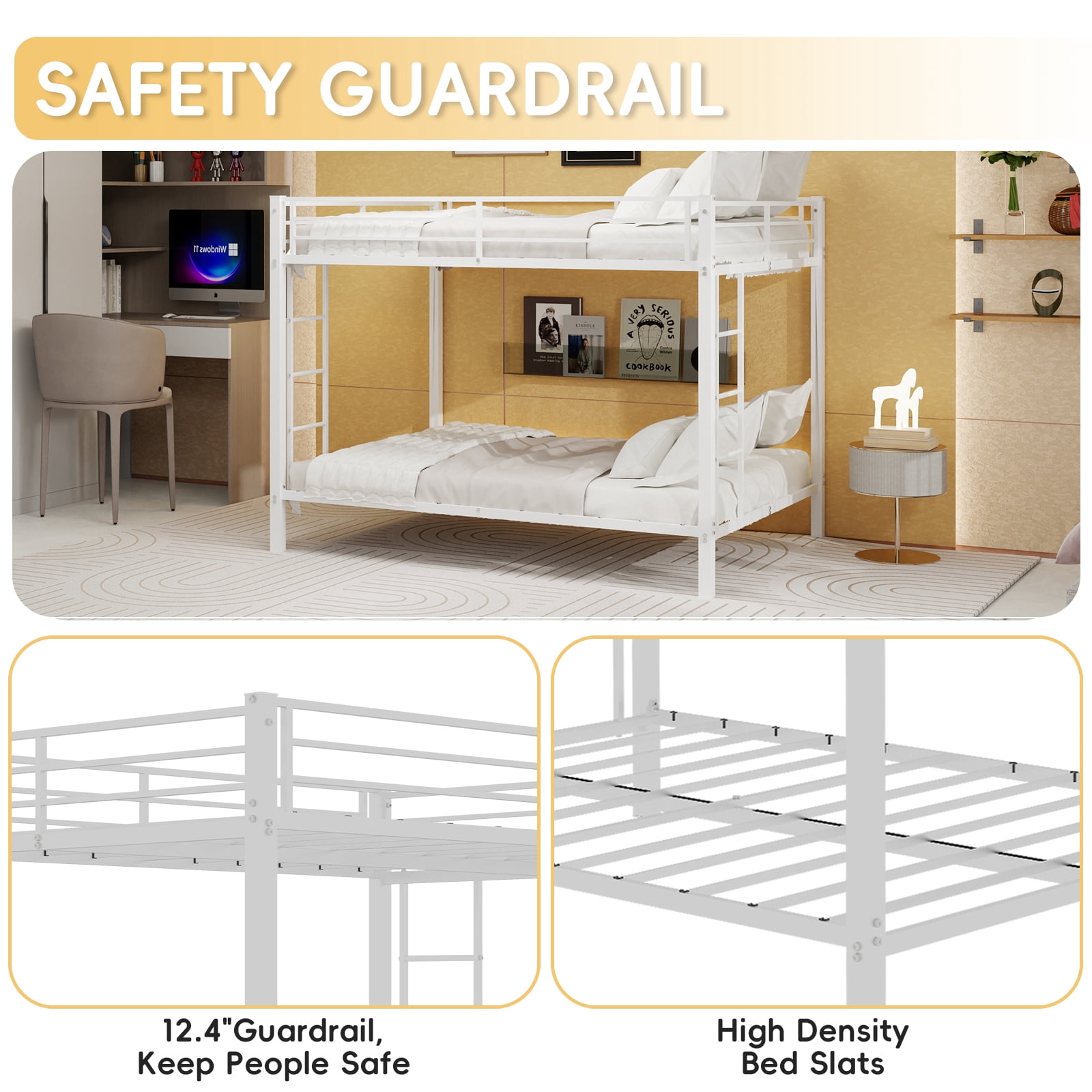 Leumius Queen over Queen Metal Bunk Bed,Heavy-Duty Steel Frame with Ladder & Safety Guardrails for Adults,White