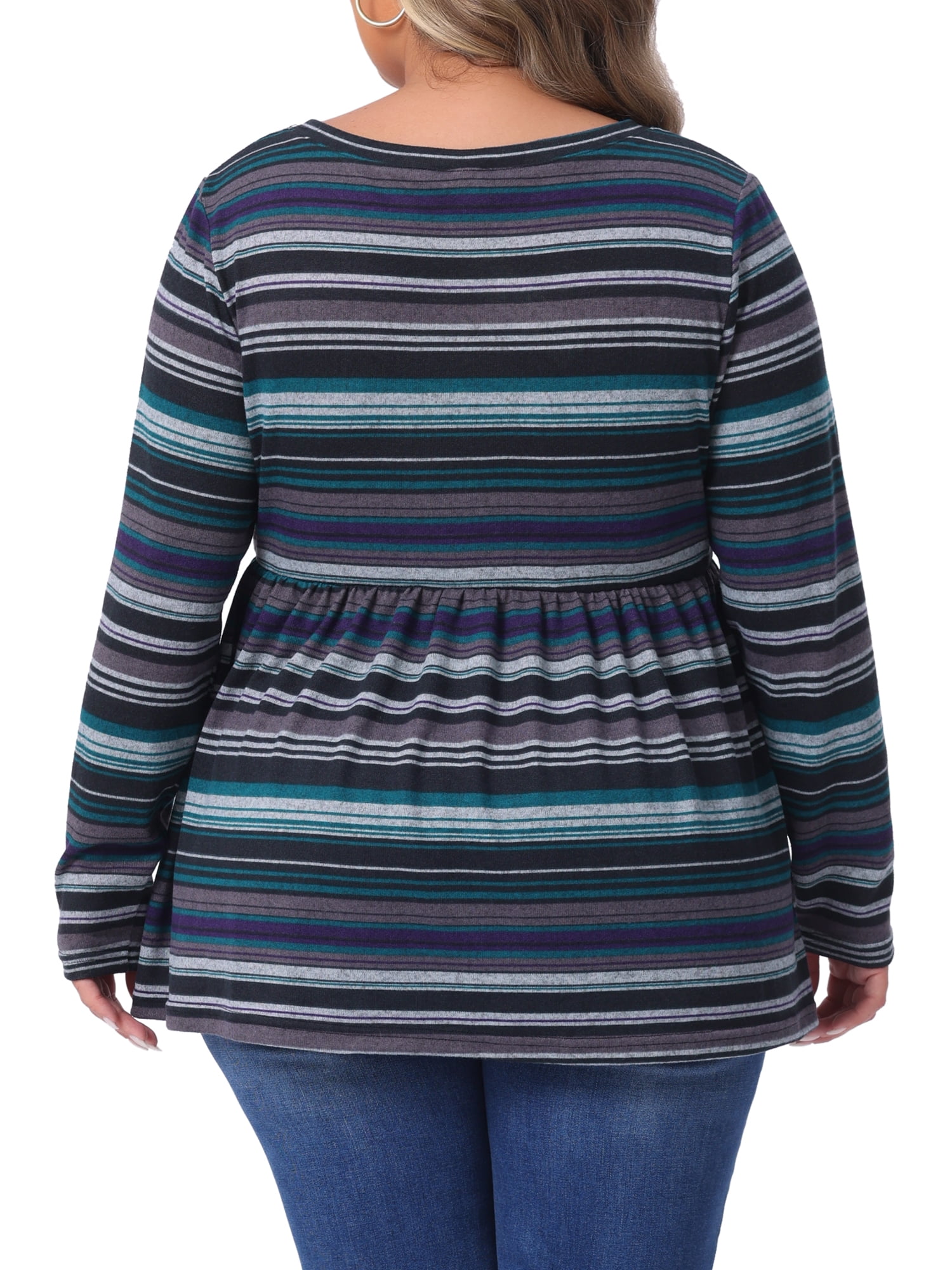 DARING DIVA Women's Plus V Neck Stripe Peplum Knit Blouse 2X Blue