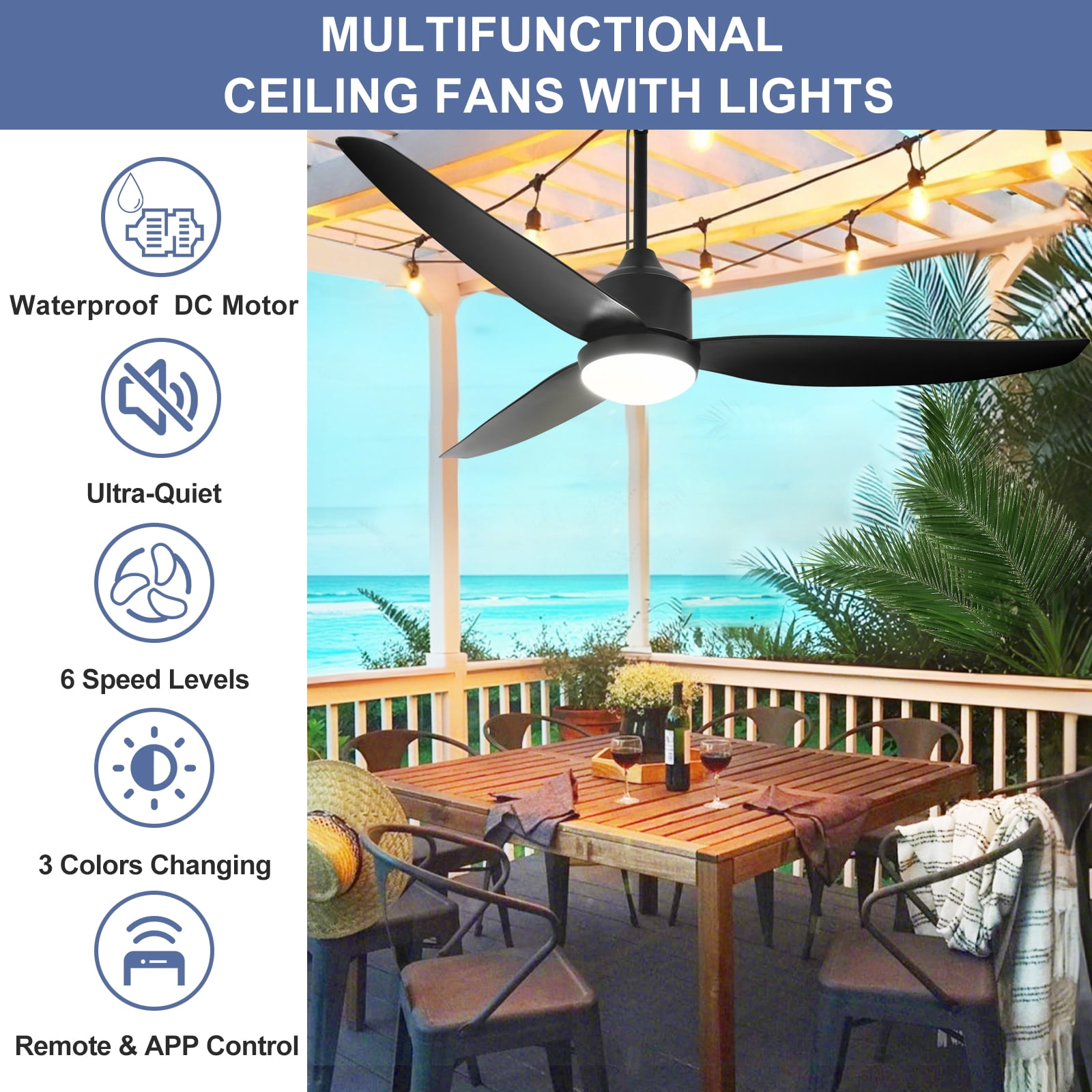 Depuley Waterproof Outdoor Ceiling Fan with Light:52" Black Hanging Fan for Patios, Gazebo - Plug-in Fan with Remote and APP, 3 CCT, 6-Speed