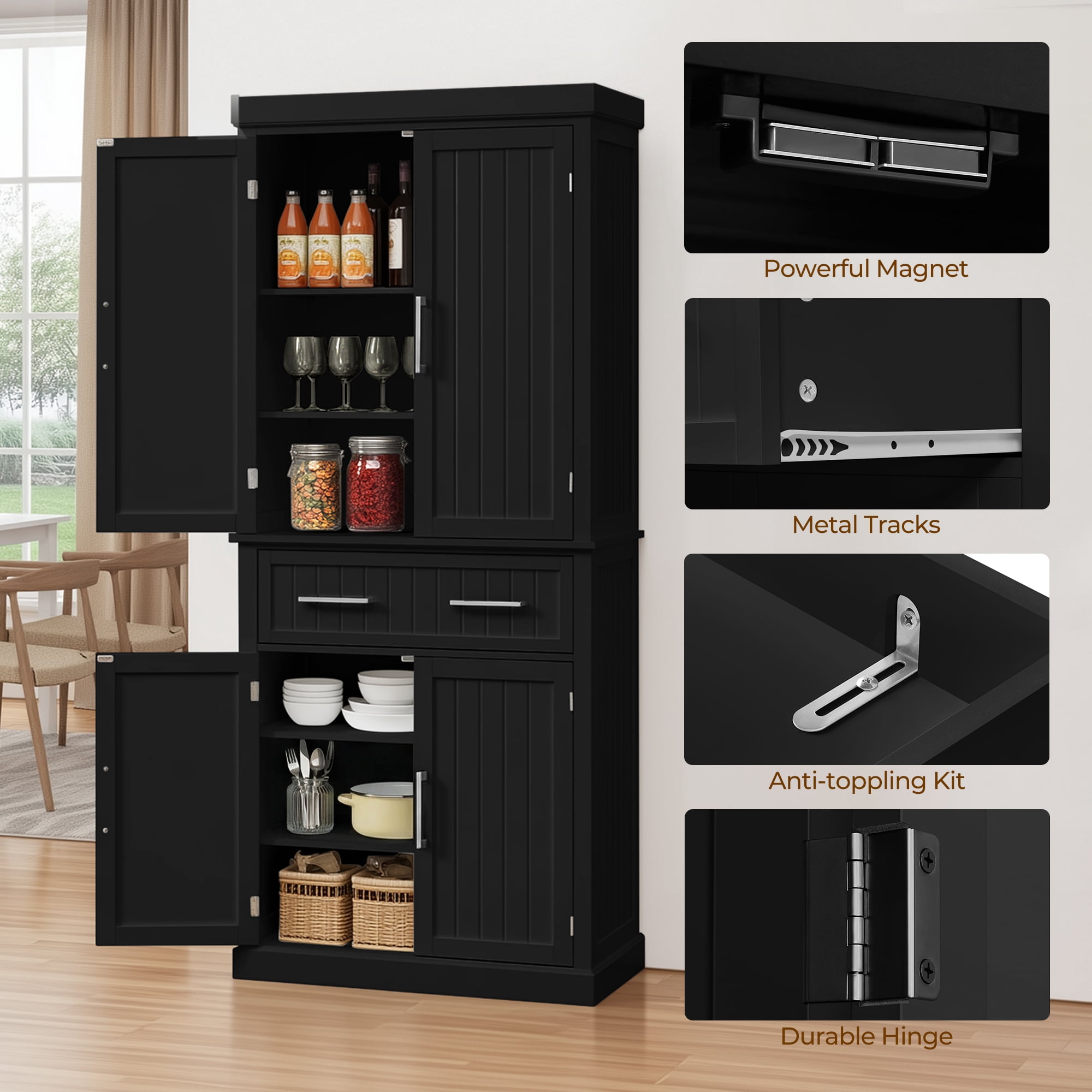 Renwick Freestanding 72.5'' Pantry Cabinet with Doors and 2 Adjustable Shelves, Black