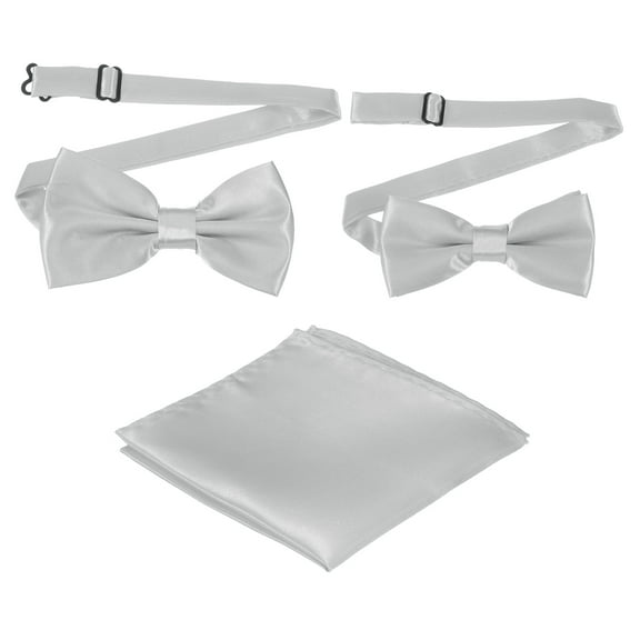 Bow Tie for Men, Adjustable Bow Ties with Pocket Square Pre-tied Bow Ties Sets for Wedding (Silver, 2Size)