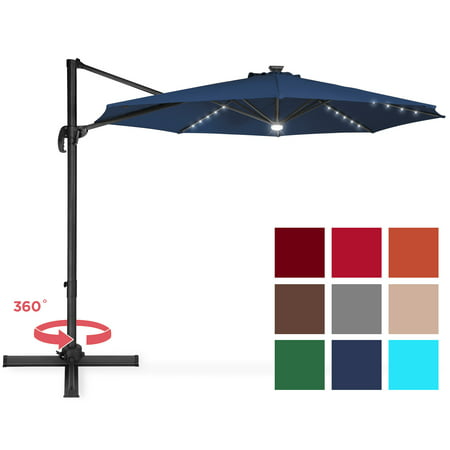 Best Choice Products 10ft Solar LED 360 Degree Cantilever Offset Market Patio Umbrella Shade for Deck, Garden, Poolside w/ Easy Tilt, Smooth Gliding Handle - Navy
