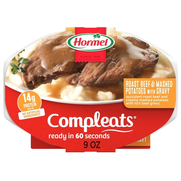 HORMEL COMPLEATS Roast Beef & Mashed Potatoes, Shelf-Stable, 14 grams Protein, 9 oz Plastic Microwaveable Tray