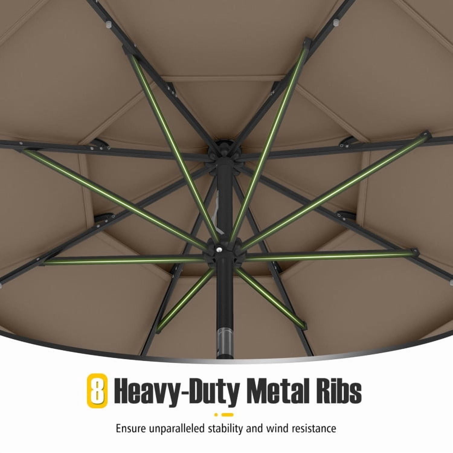 YYAo Outdoor Garden Umbrella,Market Umbrella,10 Feet Solar Patio Umbrella with 32 LED Lights 3-Tier Vented Top-Taupe