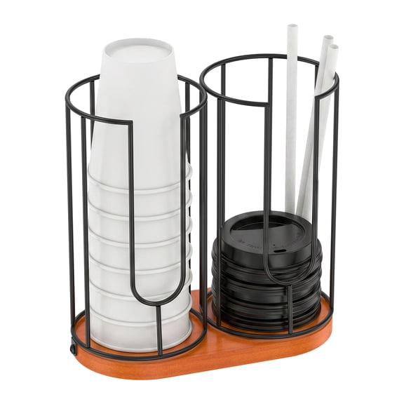 Coffee Cup Dispenser, 2-Compartment Paper Cup and Lid Organizer with Wood Base, Metal Holder for Countertop Coffee Station