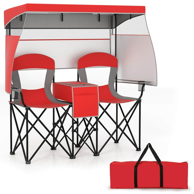Costway Double Beach Chair with Adjustable Canopy Oversized Folding Camping Chair Red