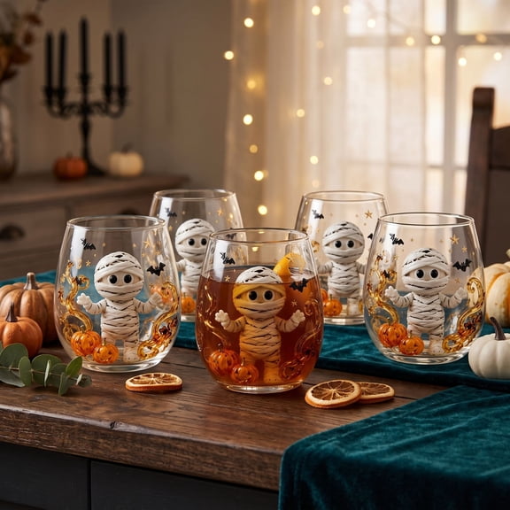 Halloween Wine Glasses Patterned Glass Cup ,Artistic 3D Halloween Decor Stemless Wine Glasses,Gothic Black Cat Pumpkin Ghost Spider Tumbler, Macabre Autumn Home Bar Decor For Women Men