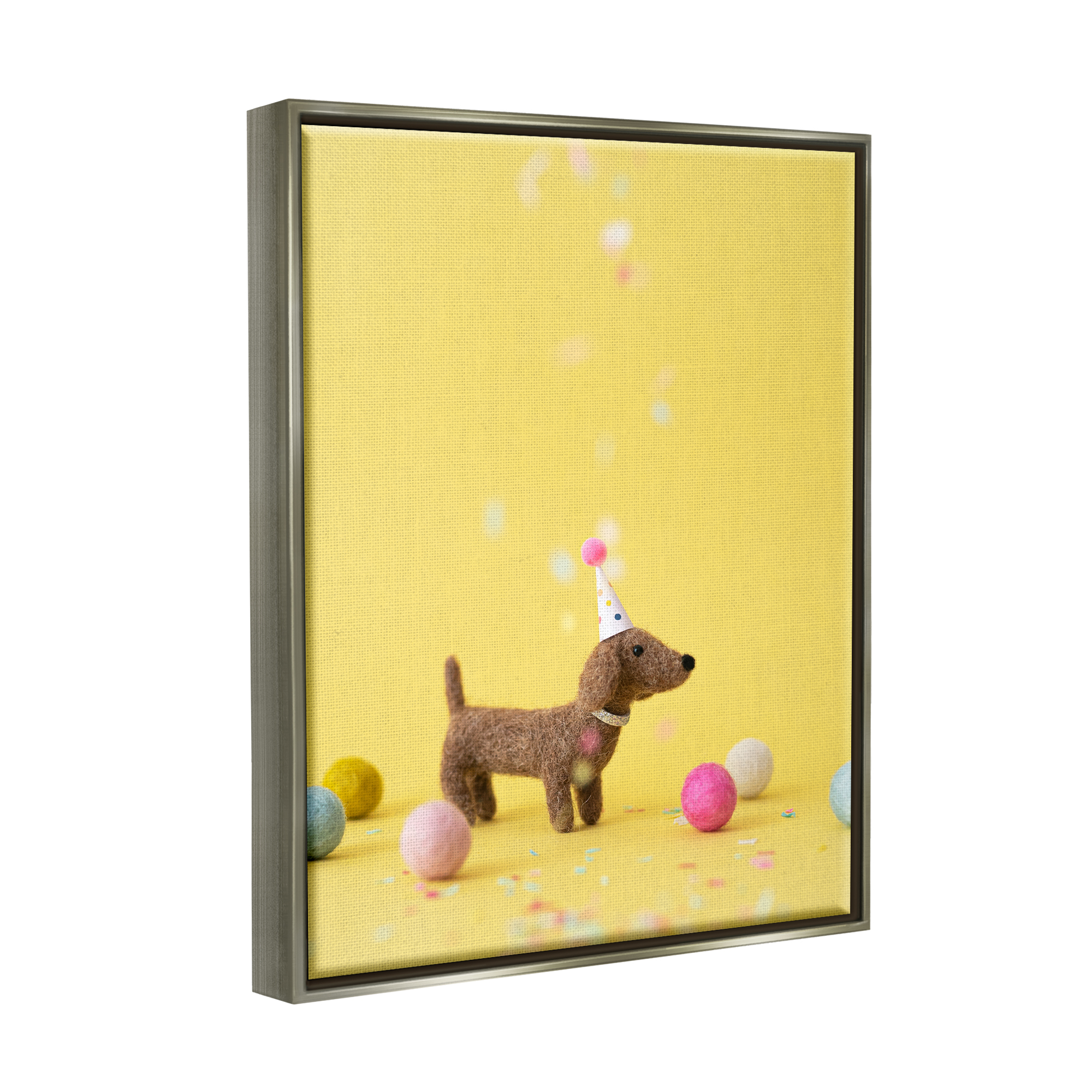 Stupell Yellow Dachshund Party Hat Dog Animals & Insects Photography Gray Floater Framed Art Print Wall Art