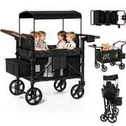 Vipsafe Foldable Wagon Stroller for 4 Kids, All-Terrain Convertible Baby Stroller for Toddlers with 5-Point Harness, Foot Brake, 9-Level Adjustable Handle, Removable Canopy, Black