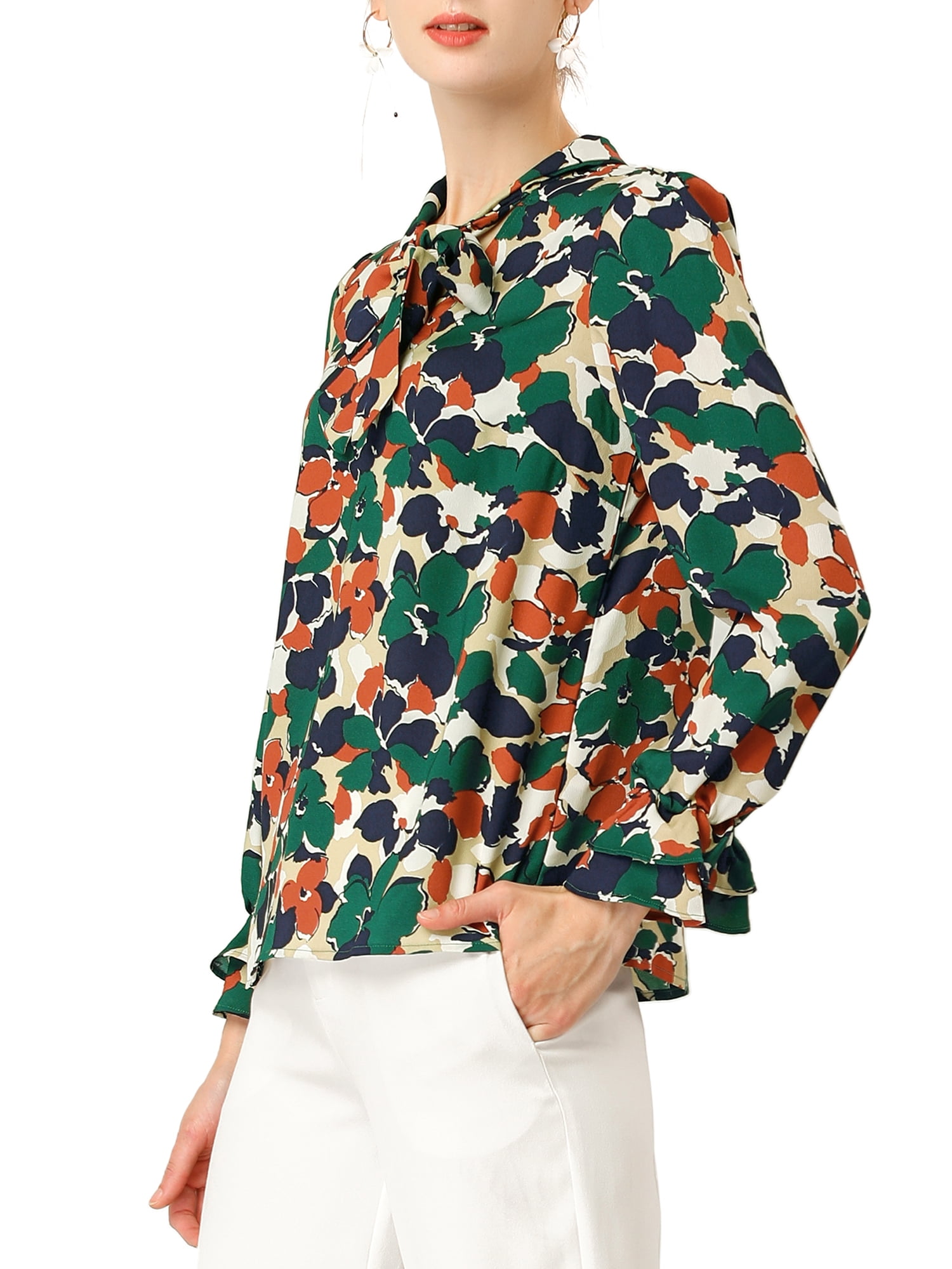 DARING DIVA Women's Tie V Neck Floral Shirt Trumpet Blouse L Green