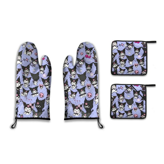 Sanrio Kuromi Cartoon Oven Mitts and Pot Cover Pads Set Non-Slip Insulated Pads Heat Resistant Oven Mitts, 4-Piece Set, Suitable for Kitchen Baking Cooking Grilling