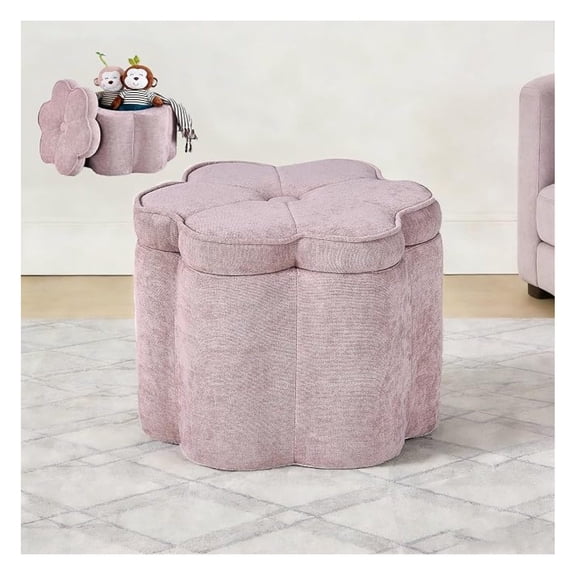 14.5" H Pink Flower Storage Ottoman,Sandy Pink | Chenille Fabric,Holds 300 LBS,Seating Foot Rest,For Bedroom Living Room Entryway,Home Decor