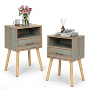 XGeek Set of 2 Mid Century Nightstand, Bedside Table with Solid Wood Legs, Open Storage Shelf, Rustic Green