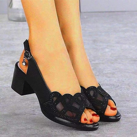 

ãYilirongyummã Black 37 Sandals Women Rhinestone Mesh Cutout Heel Mouth Fashion Fish Ladies Sandals Women s Sandals