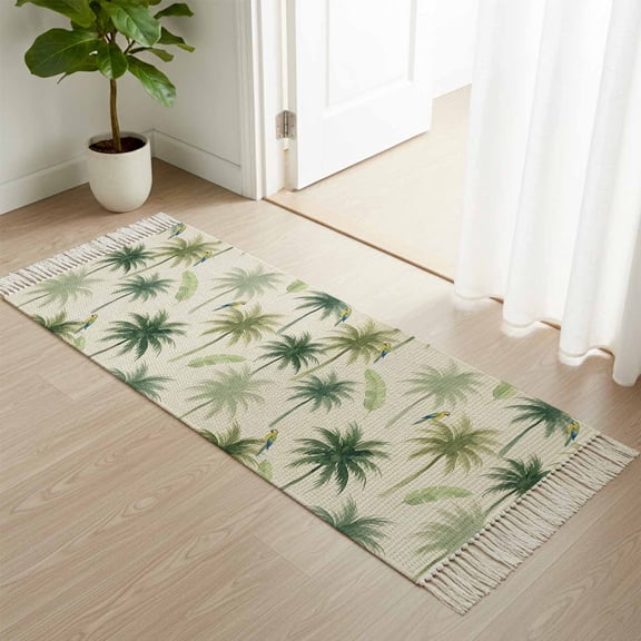 Kitchen Runner Rugs, Summer Coastal Green Palm Tree Birds 2'x4' Throw Rug with Tassels, Vintage Linen Washable Soft Floor Carpet Runner for Hallway Bedroom Bathroom Laundry Room