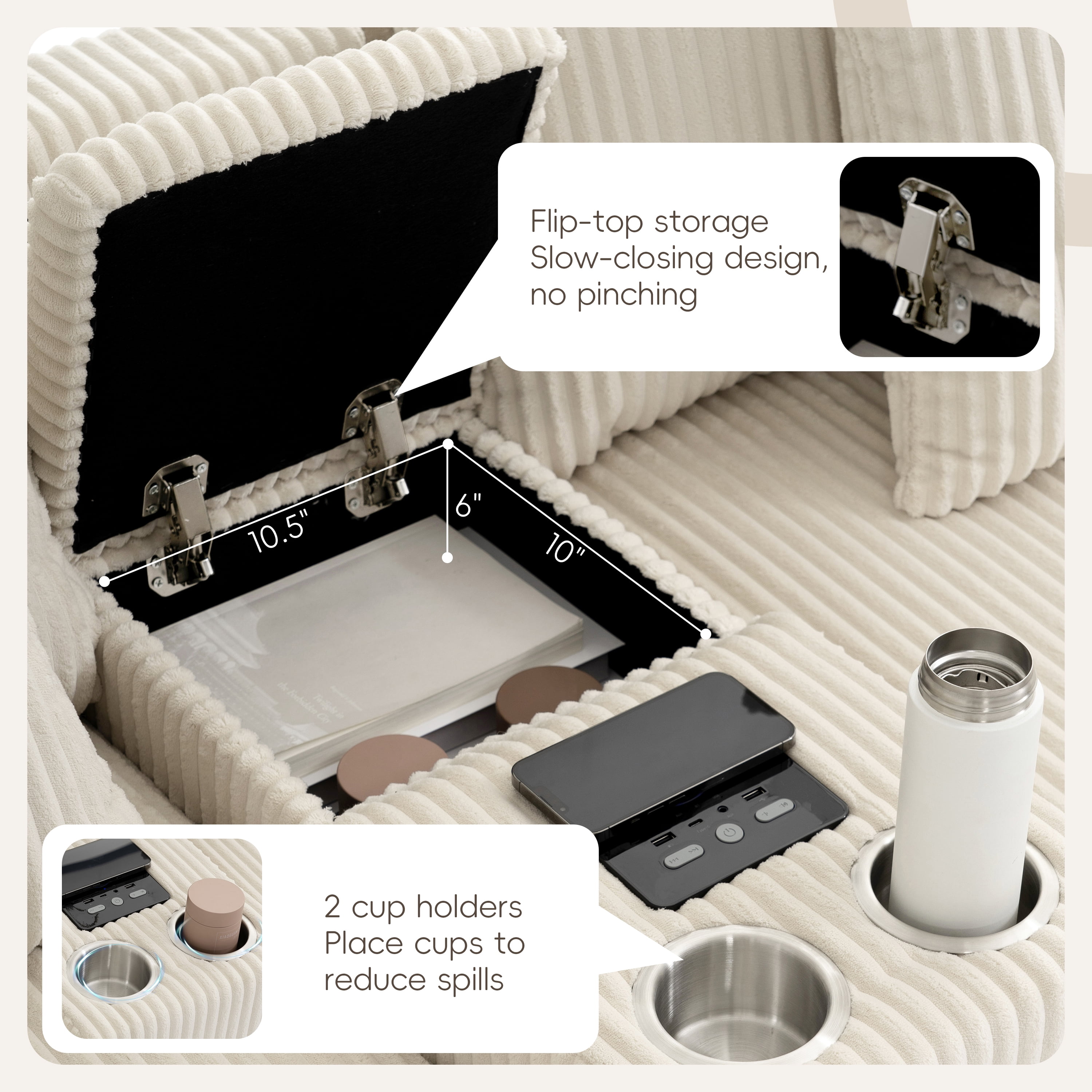 Sectional Sofa, Modular Sofa, U-Shape Couch, Corduroy Sofa with Console, Integrated Audio and Movable Ottoman, Cream