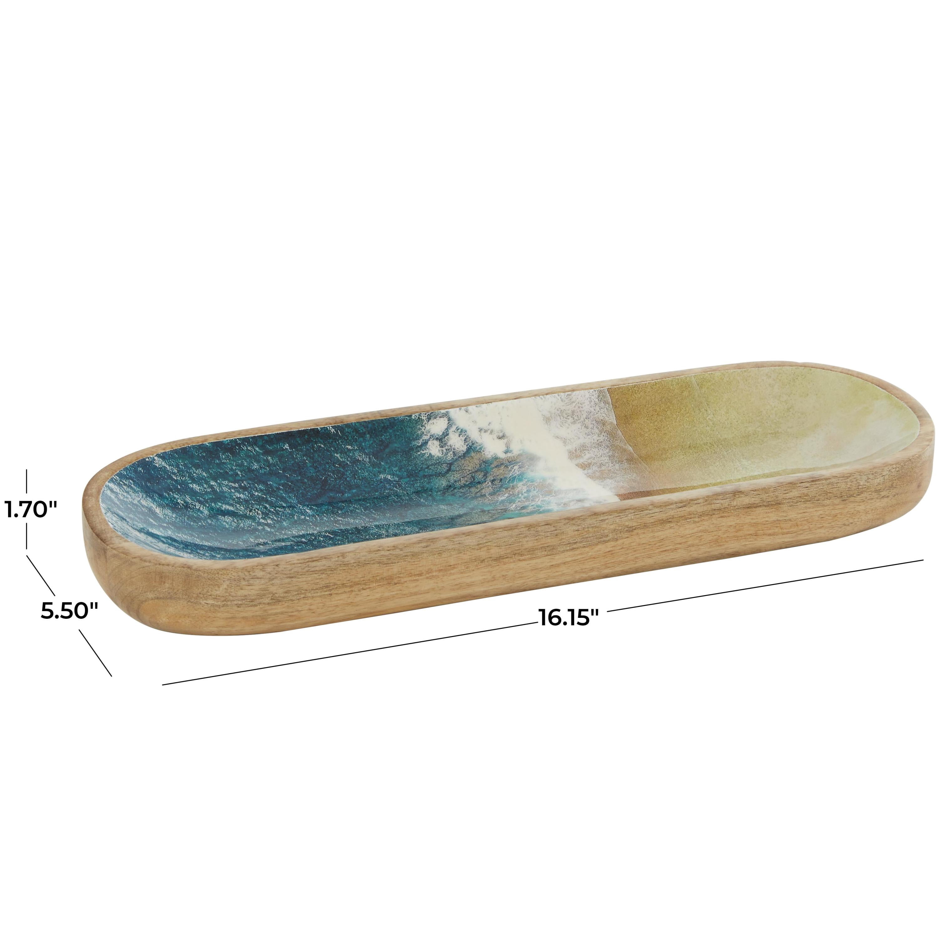 DecMode 16" x 6" Brown Mango Wood Handmade Ocean Inspired Tray with Colorful Enameled Interior, 1-Piece