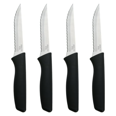 Mainstays 4-Piece Stainless Steel Steak Knife Set with Soft Grip & Black Handles