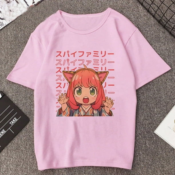 Camiseta estampada de Manga Anya Forger para mujer, remera de Anime Rosa  divertida de la familia Spy X, playera informal Harajuku de Manga corta  para