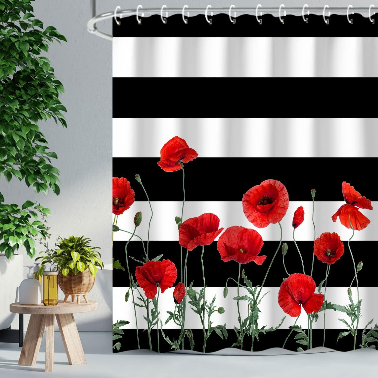 Floral Shower Curtain Flower Shower Curtain Shower Curtain Stripe Poppy Shower Curtain Black and White Striped Shower Curtains Set with Hooks Red and White Shower Curtains for Bathroom, 72" Wx72 H