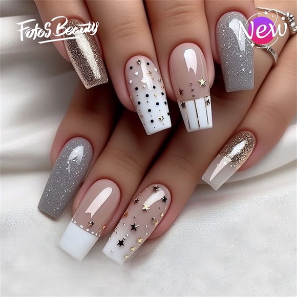 Fofosbeauty 24pcs Press on Nails, Acrylic Fake Nails, Full Cover Nails for Women Girls Kids, Coffin Star Moon Silver