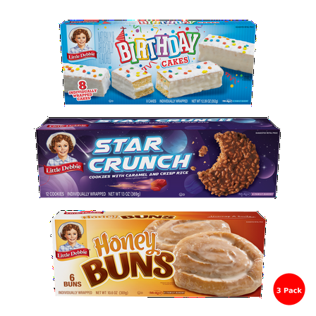 Little Debbie Snack Cake Combo (3 Pack) – Honey Buns - 6 Buns, Star Crunch - 12 Cookies, Birthday Cake Creme Pies - 8 Cakes (All Individually Wrapped)