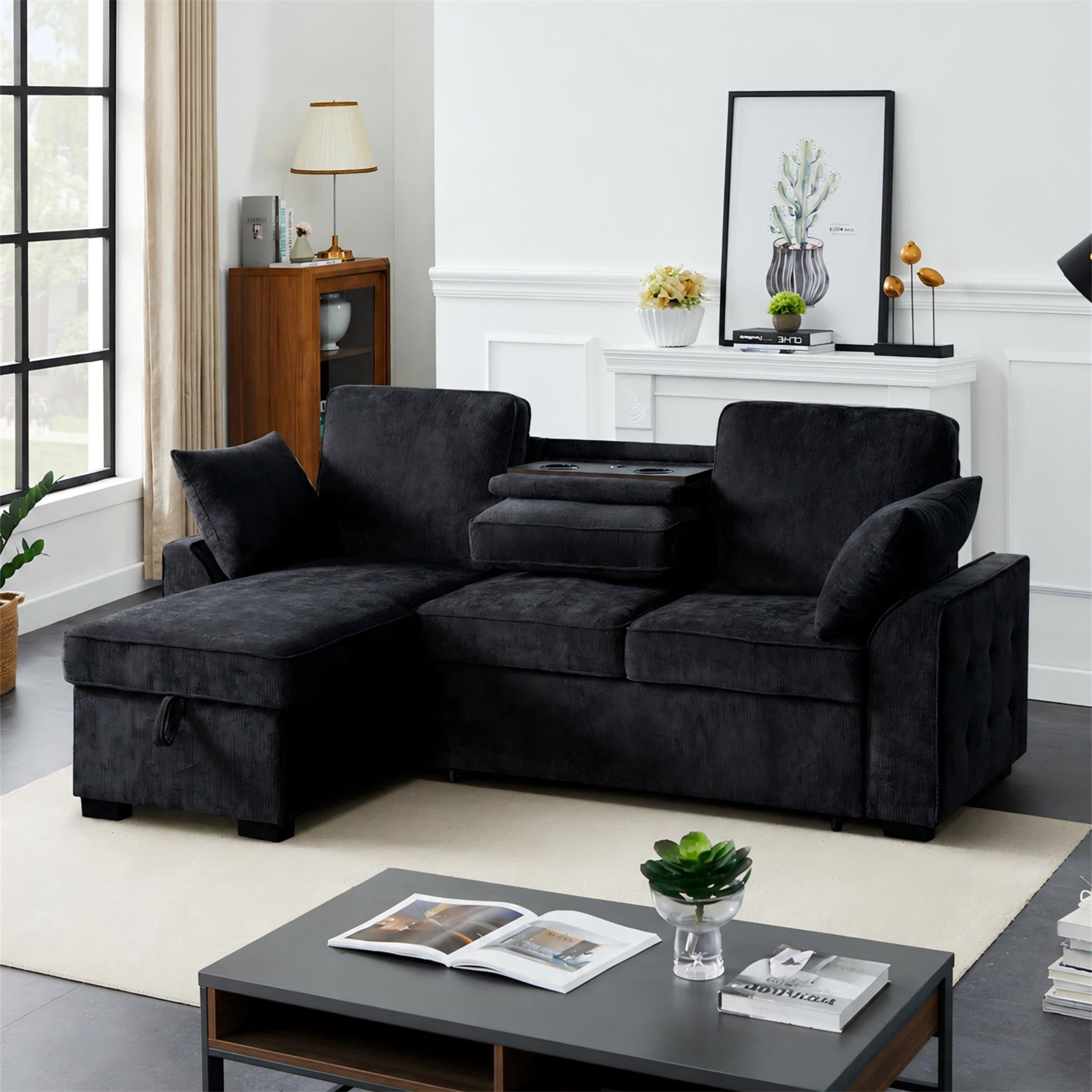 Aukfa 86" L-Shaped Convertible Sectional Sleeper Sofa Bed with USB & Cup Holders Console, Storage Chaise for Living Room, Chenille, Black Gray