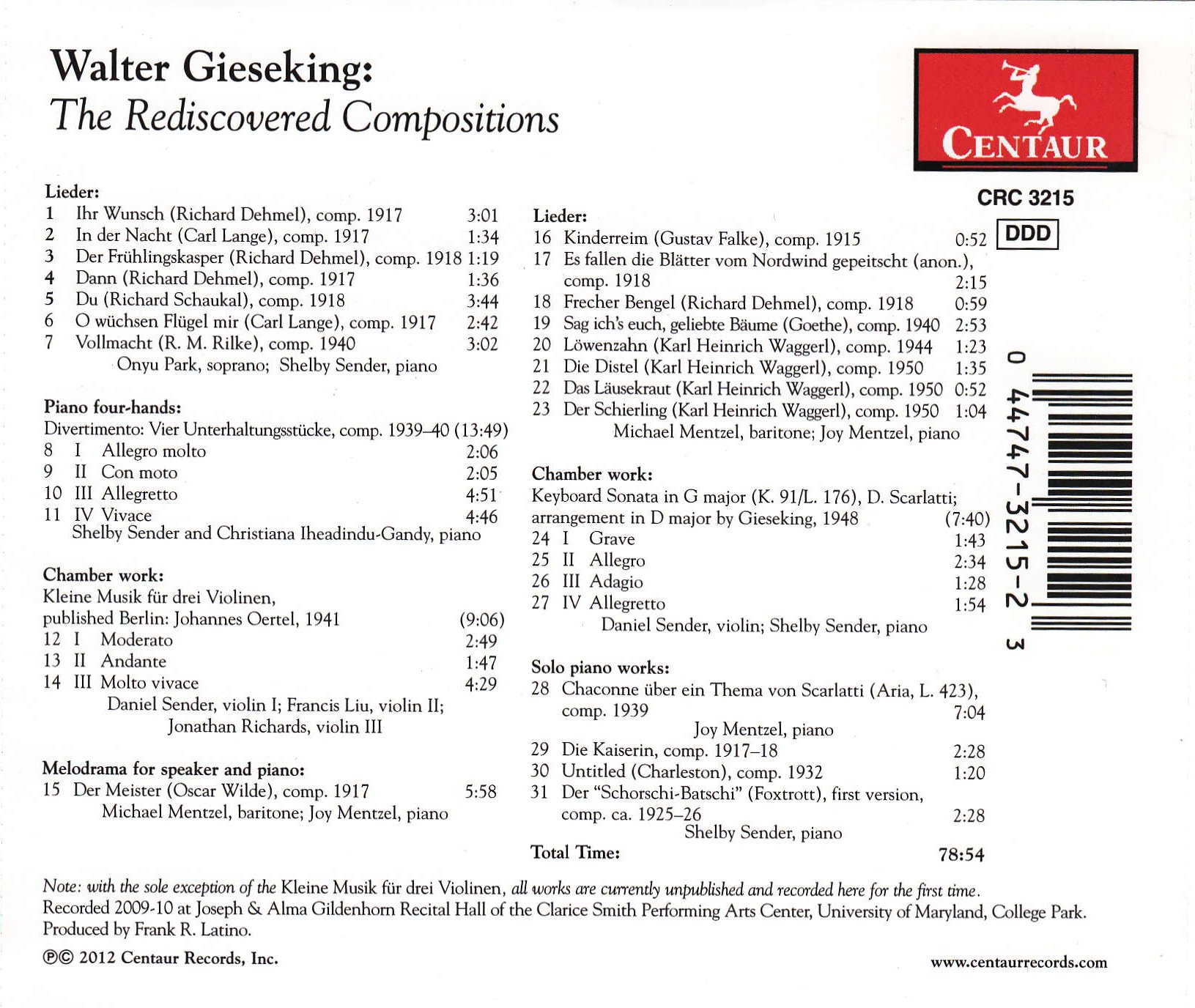 Gieseking / Dehmel / Lange / Rilke / Falke - Rediscovered Compositions - Music & Performance - CD
