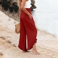 thumbnail image 7 of Women Linen Pants Summer Ruffle Wide Leg Palazzo Pants Dressy Smocked Waist Wide Leg Pant Boho Flowy Beach Pant Wine M, 7 of 7