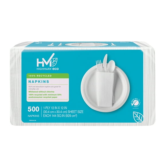 Highmark® 100% Recycled Paper Napkins, Chlorine-Free, 11 1/2" x 12 1/2", White, Pack Of 400