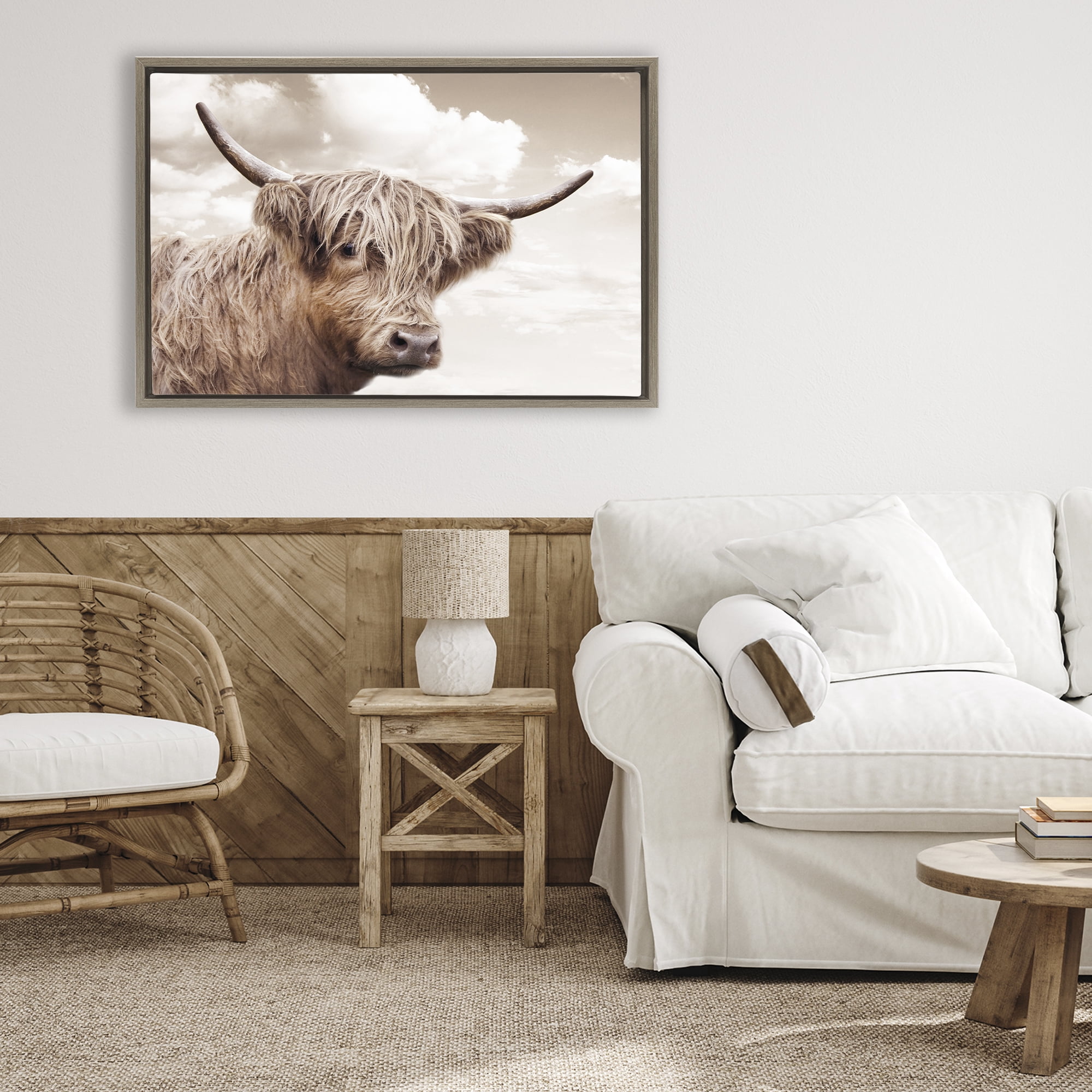 Stupell Industries Shaggy Highland Cow & Clouds Brown Framed Floater Canvas Wall Art, design by CAD Designs