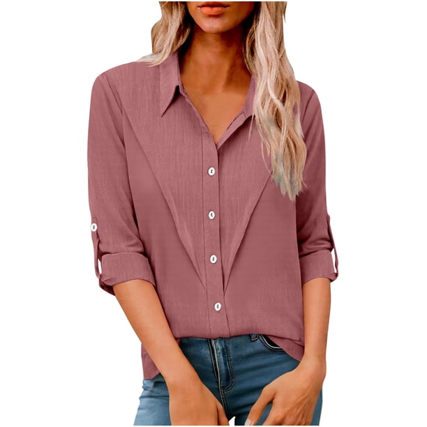 Camisas de Manga Larga para las Mujeres Blusa de Túnica de Imitación de Botón de Solapa de Ajuste Suelto con Tela Suave, Top de Verano Transpirable para Uso Diario Informal