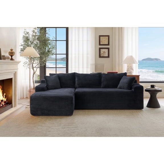 94.5 Inch Boneless Upholstered L‑Shaped Corner Sectional Sofa, Corduroy Deep Seat Couch with Right Chaise, Modern Furniture for Living Room Bedroom Apartment, Black