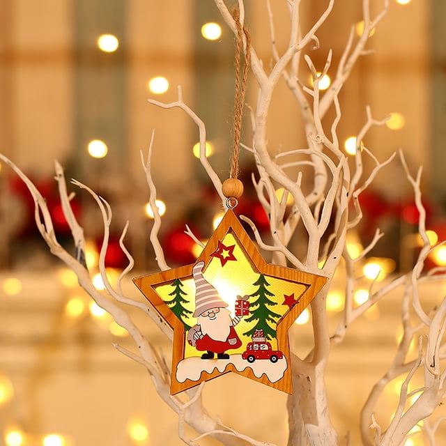 Adorno de estrella LED con luces cálidas - Colgante de madera de Papá Noel y muñeco de nieve - Decoración del árbol de Navidad de 4,13 pulgadas